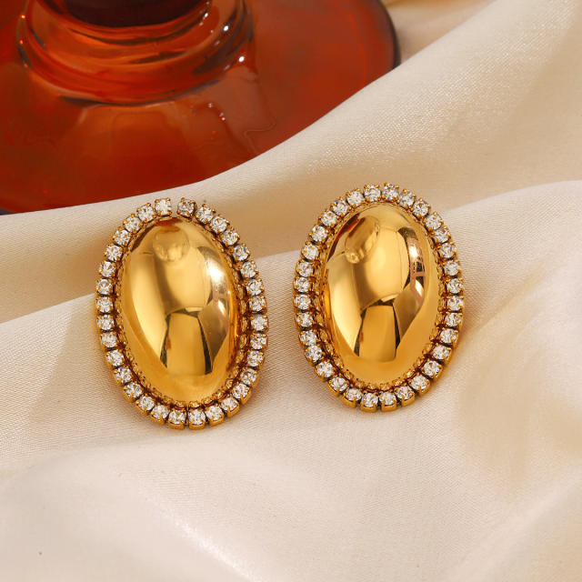 Chunky oval shape diamond stainless steel studs earrings