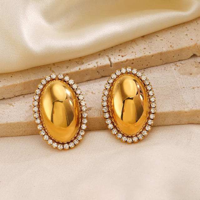Chunky oval shape diamond stainless steel studs earrings