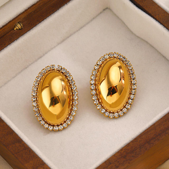 Chunky oval shape diamond stainless steel studs earrings