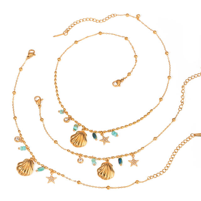 18KG blue natural stone shell charm stainless steel necklace set