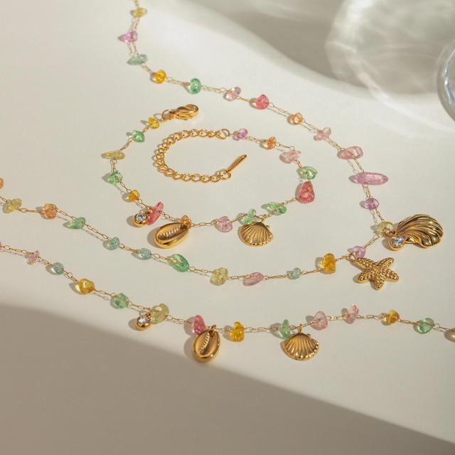 18KG summer colorful natural stone shell pendnat stainless steel necklace set