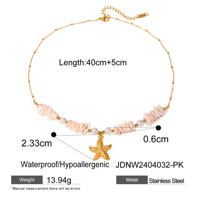 Boho colorful puka shell stainless steel starfish shell pendant necklace