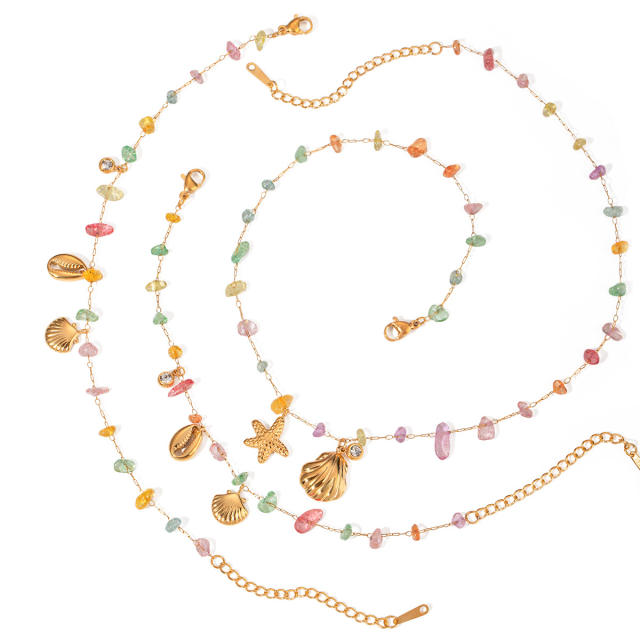 18KG summer colorful natural stone shell pendnat stainless steel necklace set