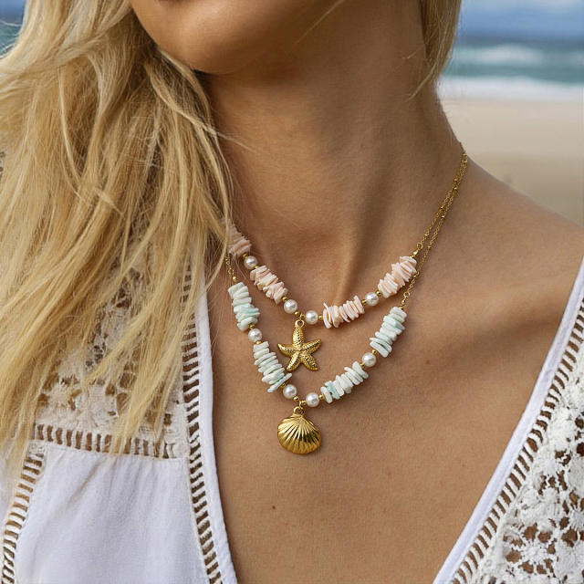 Boho colorful puka shell stainless steel starfish shell pendant necklace