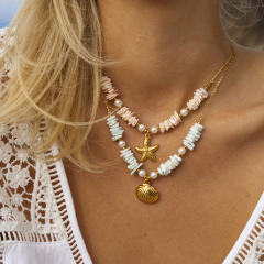 Boho colorful puka shell stainless steel starfish shell pendant necklace