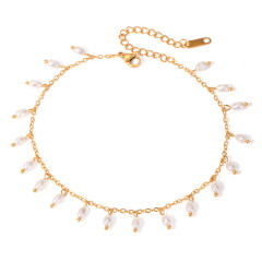 Summer 18KG pearl bead tassel stainless steel anklet