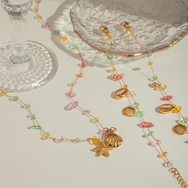 18KG summer colorful natural stone shell pendnat stainless steel necklace set