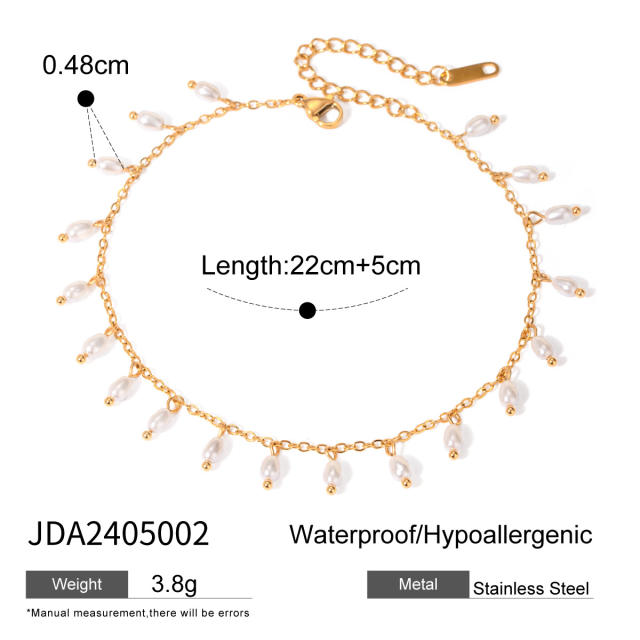 Summer 18KG pearl bead tassel stainless steel anklet