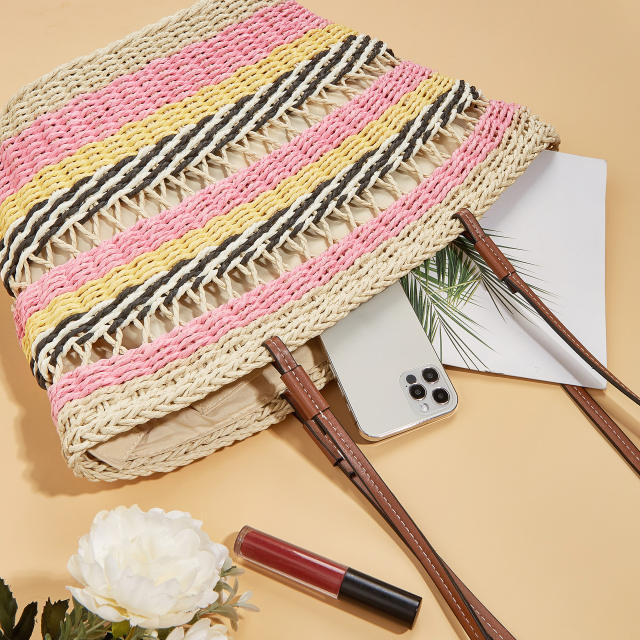 Boho colorful stripe pattern straw beach tote bag