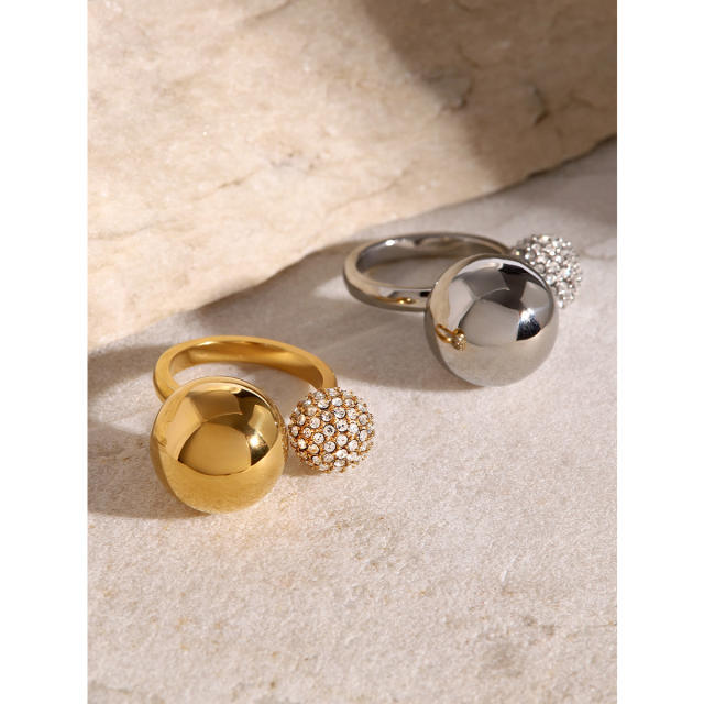 18KG chunky ball bead diamond stainless steel finger rings