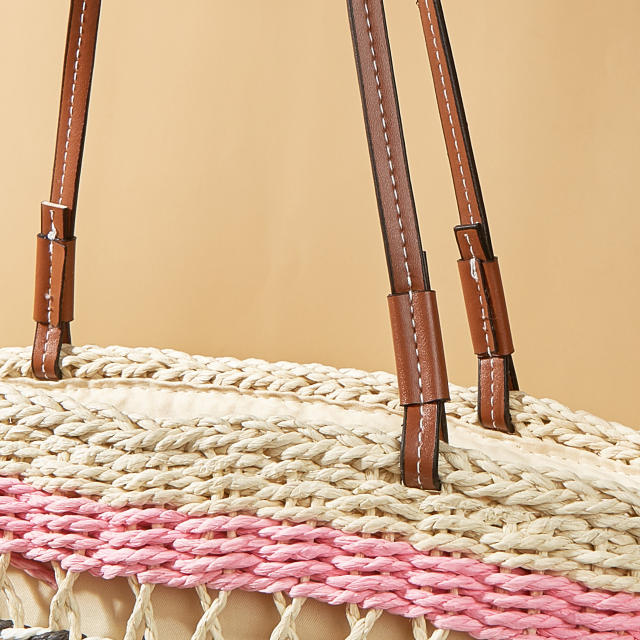 Boho colorful stripe pattern straw beach tote bag