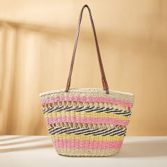 Boho colorful stripe pattern straw beach tote bag