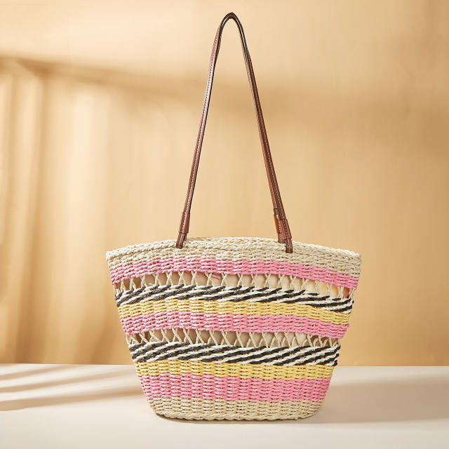 Boho colorful stripe pattern straw beach tote bag