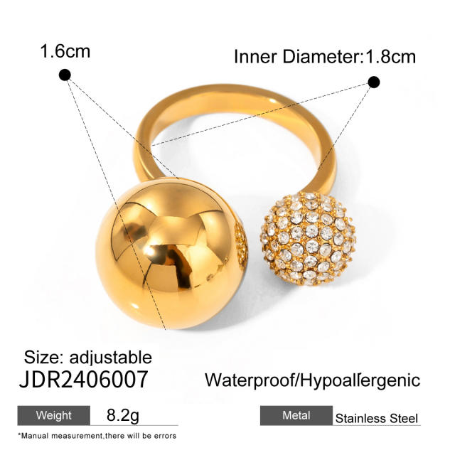 18KG chunky ball bead diamond stainless steel finger rings