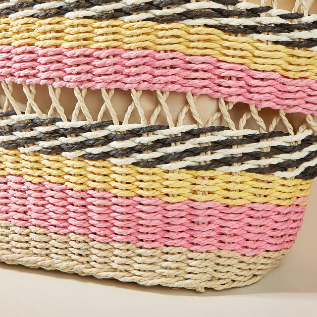 Boho colorful stripe pattern straw beach tote bag