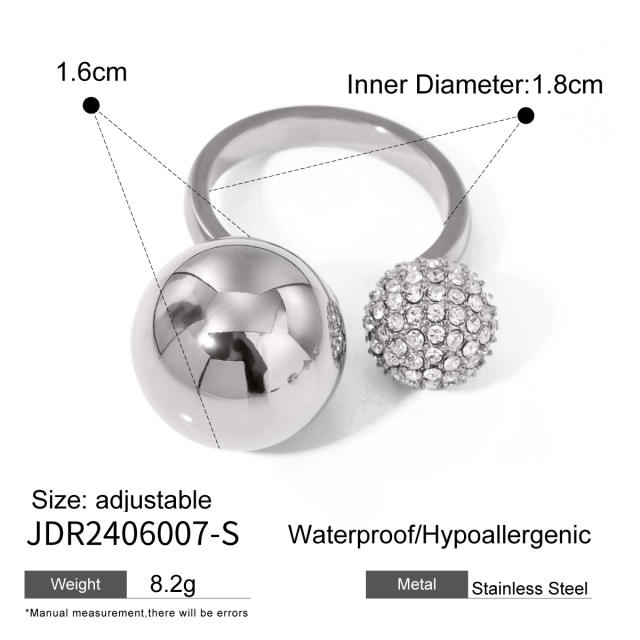 18KG chunky ball bead diamond stainless steel finger rings