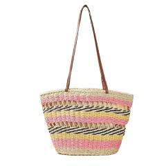 Boho colorful stripe pattern straw beach tote bag