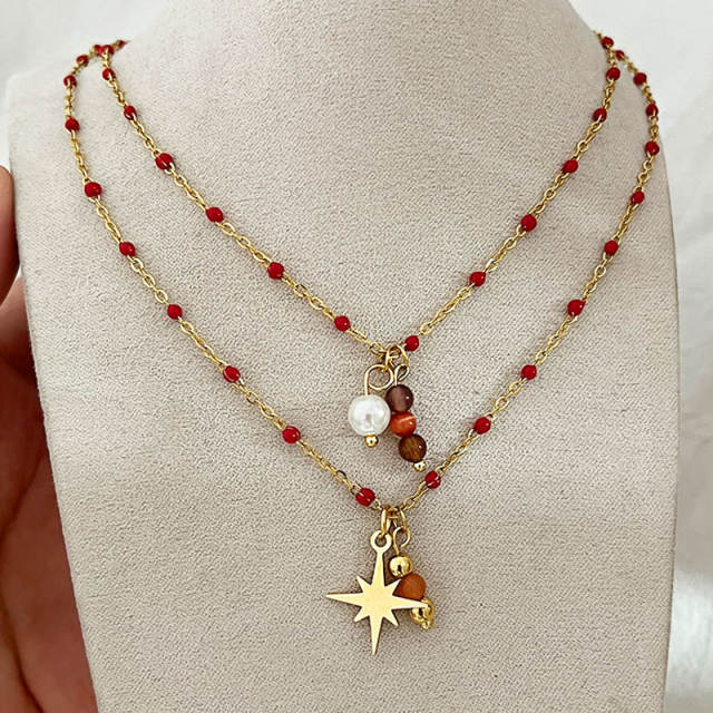18KG natural stone enamel bead two layer stainless steel necklace