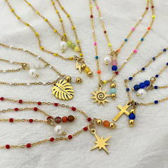 18KG natural stone enamel bead two layer stainless steel necklace
