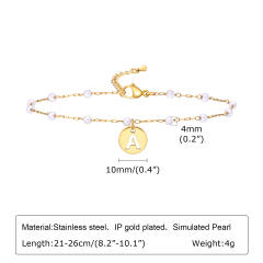 18KG pearl beaded chain initial letter coin charm stainless steel anklet