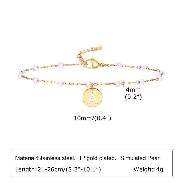 18KG pearl beaded chain initial letter coin charm stainless steel anklet