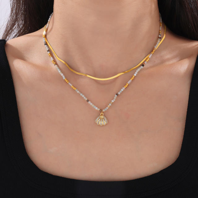 Boho diamond shell pendant natural stone bead chain necklace