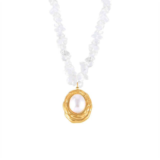 Vintage crystal stone bead chain oval pearl pendant stainless steel necklace