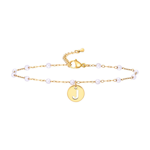 18KG pearl beaded chain initial letter coin charm stainless steel anklet