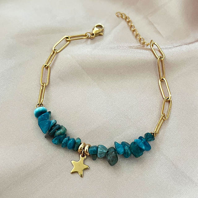 Boho natural stone bead stainless steel chain bracelet