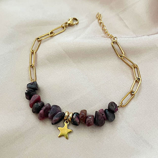 Boho natural stone bead stainless steel chain bracelet