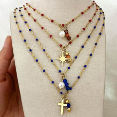 18KG natural stone enamel bead two layer stainless steel necklace