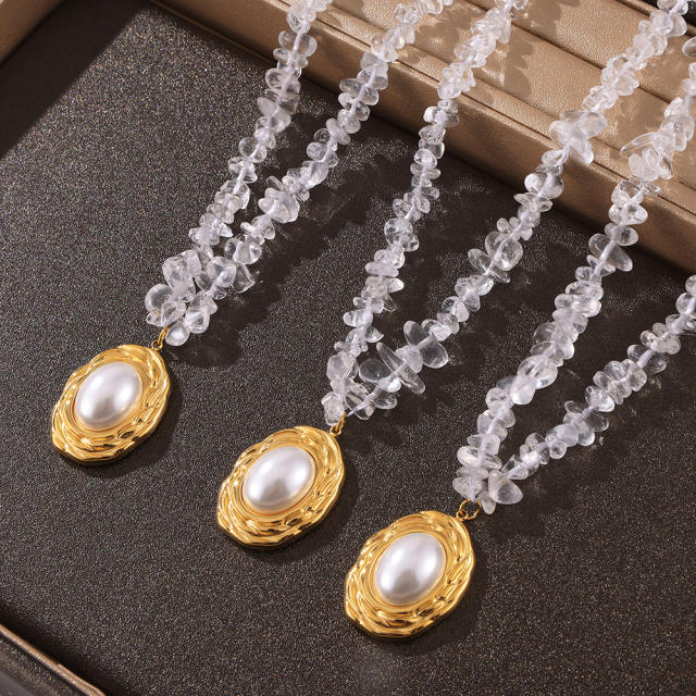 Vintage crystal stone bead chain oval pearl pendant stainless steel necklace