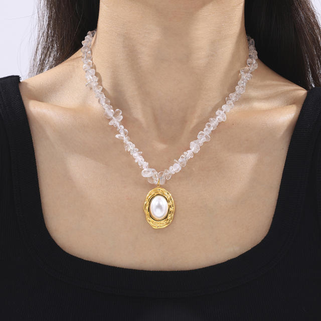 Vintage crystal stone bead chain oval pearl pendant stainless steel necklace