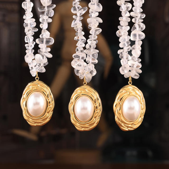 Vintage crystal stone bead chain oval pearl pendant stainless steel necklace