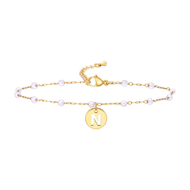 18KG pearl beaded chain initial letter coin charm stainless steel anklet