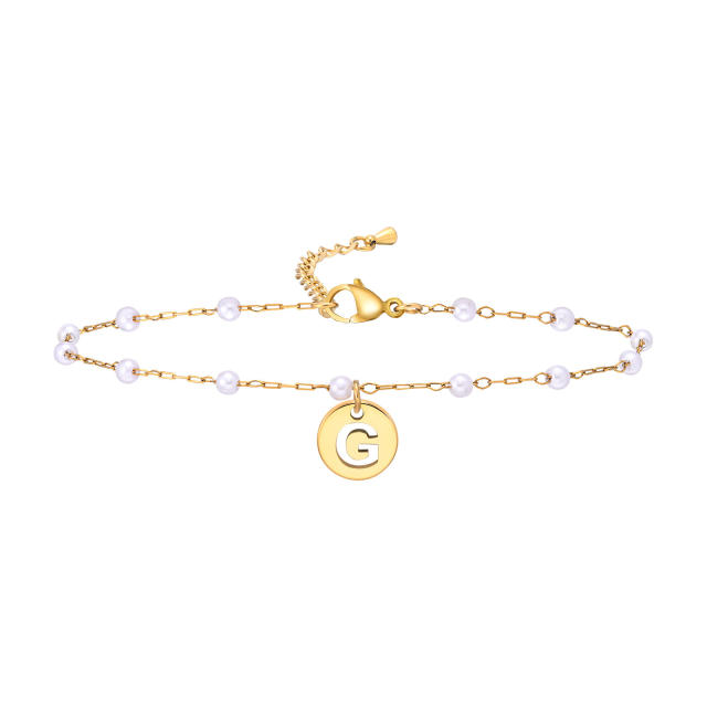 18KG pearl beaded chain initial letter coin charm stainless steel anklet