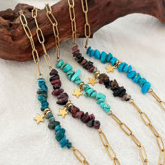 Boho natural stone bead stainless steel chain bracelet