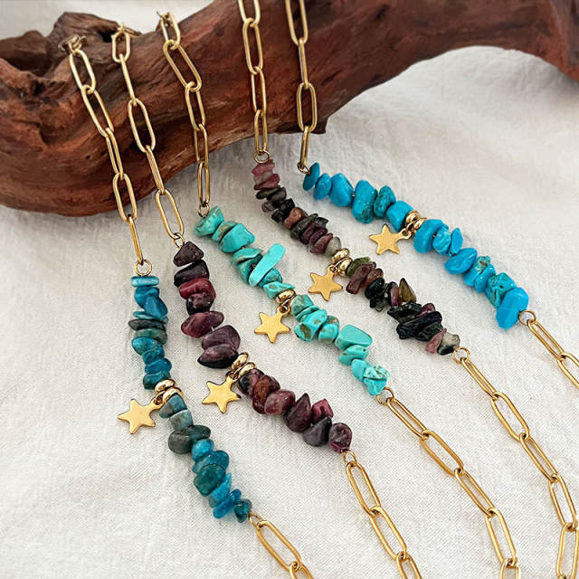 Boho natural stone bead stainless steel chain bracelet
