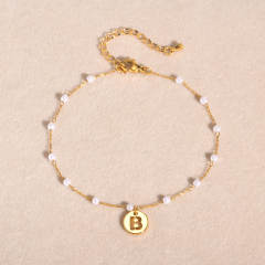 18KG pearl beaded chain initial letter coin charm stainless steel anklet