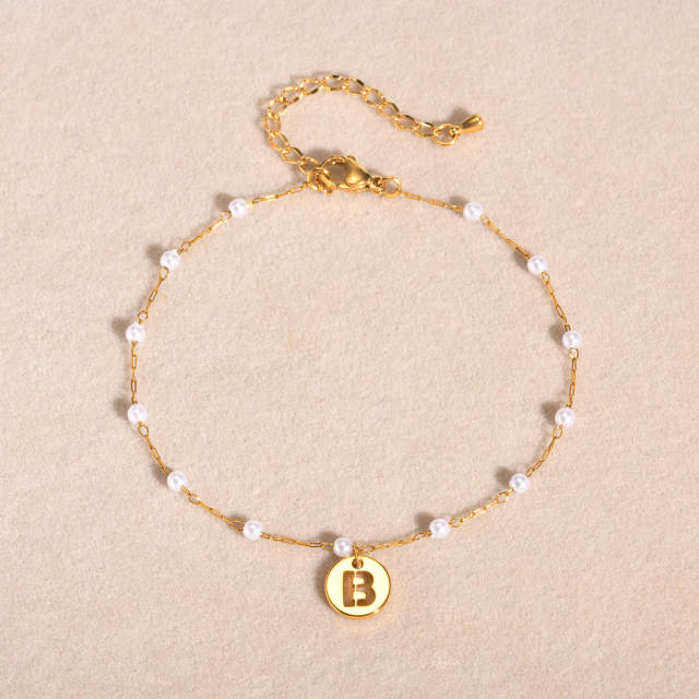 18KG pearl beaded chain initial letter coin charm stainless steel anklet