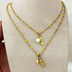 18KG natural stone enamel bead two layer stainless steel necklace