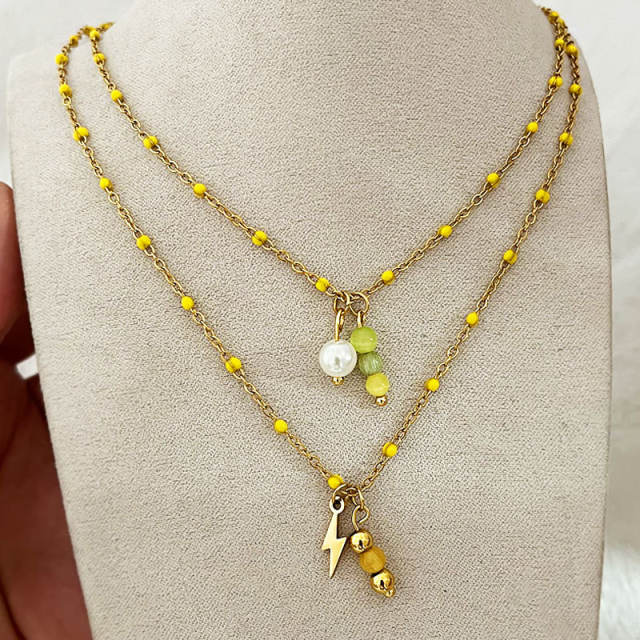 18KG natural stone enamel bead two layer stainless steel necklace