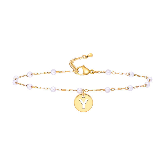 18KG pearl beaded chain initial letter coin charm stainless steel anklet