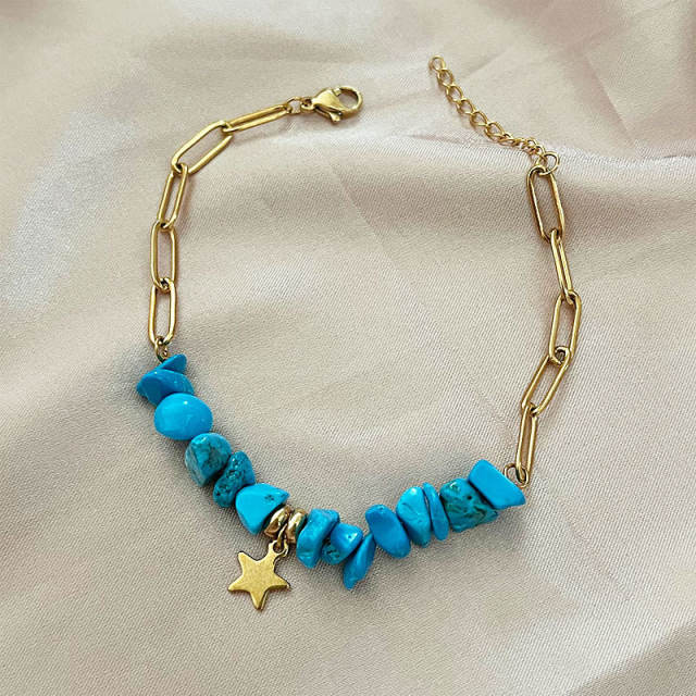 Boho natural stone bead stainless steel chain bracelet