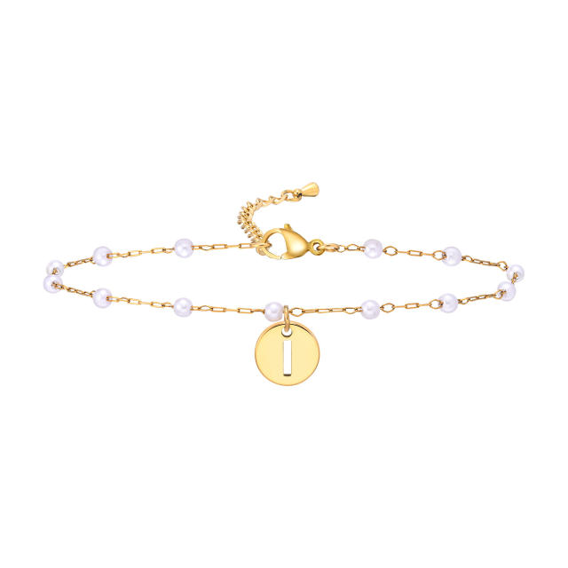 18KG pearl beaded chain initial letter coin charm stainless steel anklet