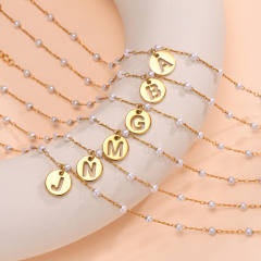 18KG pearl beaded chain initial letter coin charm stainless steel anklet