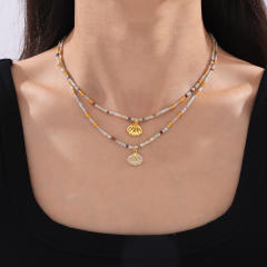 Boho diamond shell pendant natural stone bead chain necklace