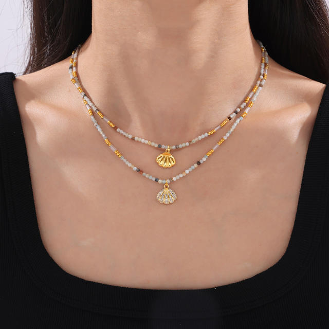 Boho diamond shell pendant natural stone bead chain necklace