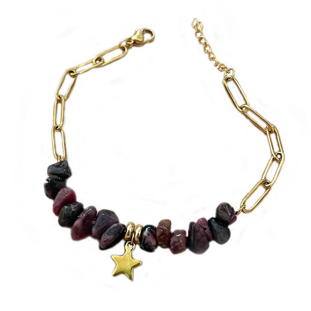 Boho natural stone bead stainless steel chain bracelet