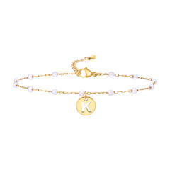 18KG pearl beaded chain initial letter coin charm stainless steel anklet